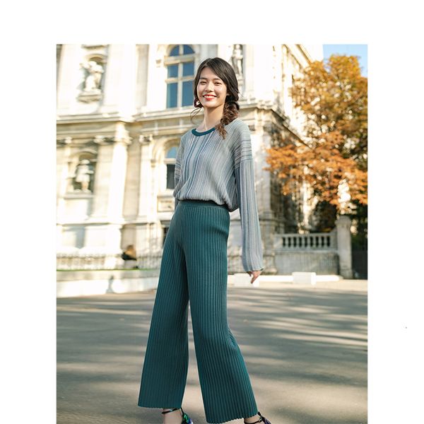 

tracksuits spring loose causal fit shape round collar high waist wide leg pants two pieces suit ucrn, Gray