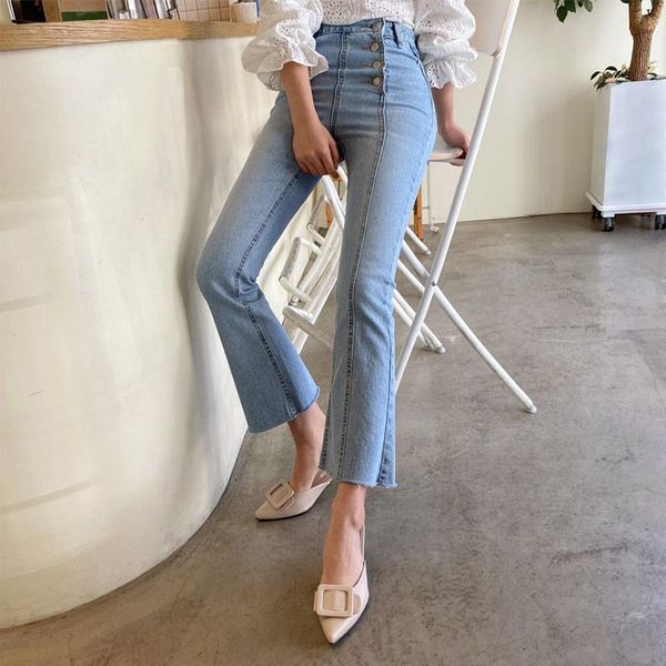 

elastic cotton denim korean style jeans high waist women's pants casual irregular light blue color pencil 756a