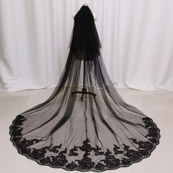 

bridal veils black long wedding veil with sequined lace cathedral 2t cover face 2 layers 3 m comb accessories