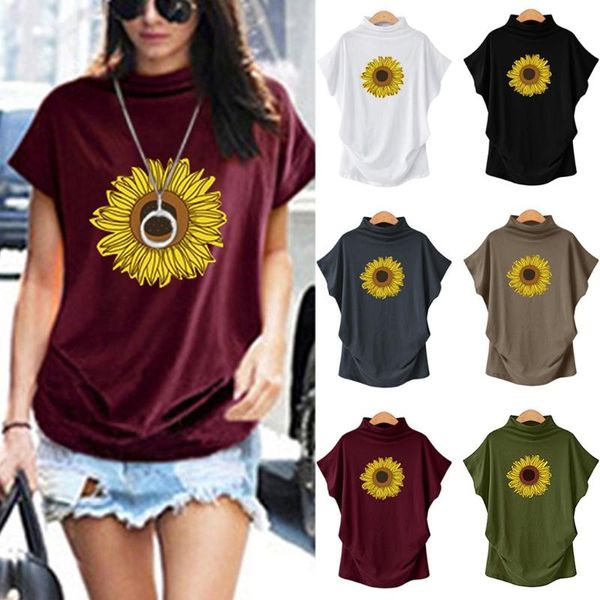 

women's t-shirt sunflower pattern loose high collar printed short sleeve bottomed shirt summer fashion plus size mujer, White