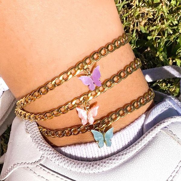 

anklets fashion cute butterfly pendant for women gold color chain ankle bracelet on leg 2021 bohemian beach foot jewelry, Red;blue