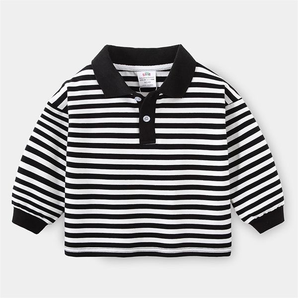 Frühling Herbst 2 3 4 5 6 7 8 10 Jahre Schulkinder Baumwolle Umlegekragen Weiß Schwarz Gestreiftes T-Shirt für Baby Kinder Jungen 210701