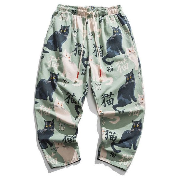 

extfine men's cat printed straight pants 2021 summer loose woman chinese style streetwear trouser male fashion, Black