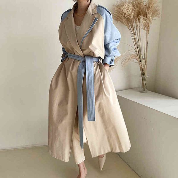 

women's trench coats [ewq] coreano chique outono retro lapela design sentido costura contraste cor cinto cintura longo blusÃ£o jaqueta f, Tan;black