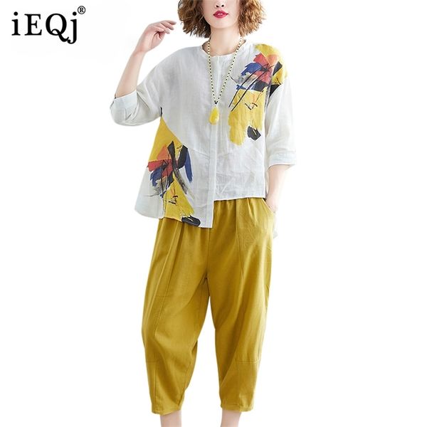 [IEQJ] Summer Pattern Office Lady Style O Collar Geometric Sette maniche al polpaccio Pantaloni a gamba larga Suit AF911 211105