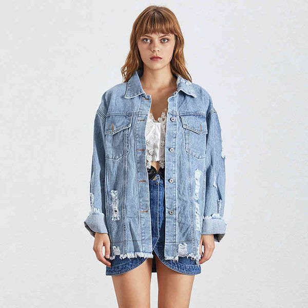 

streetwear blue denim jacket for women lapel long sleeve patchwork hole jackets female fashion clothing spring, Black;brown