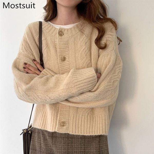 

twisted knitted vintage women cardigan sweater single-breasted o-neck loose fashion female jumpers femme 210514, White
