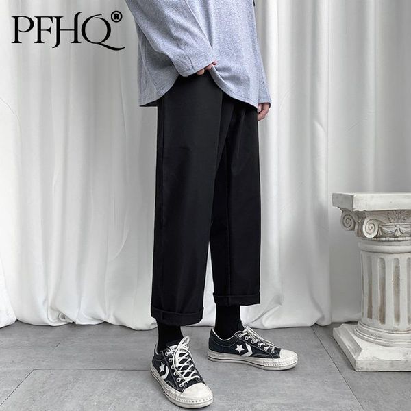 

men's pants pfhq 2021 fashion loose solid color korean style straight casual ins nine-point autumn and winter 21d407, Black