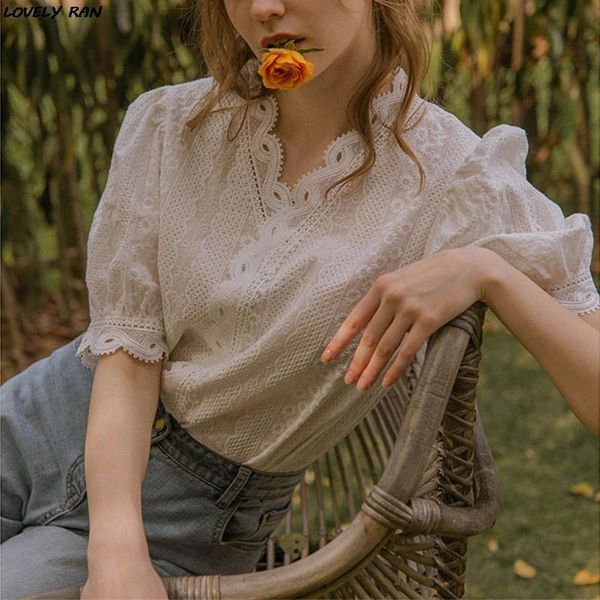 

women's blouses & shirts casual white embroidery lace spring summer femme shirt girls blouse women short sleeve polyester cotton sweet