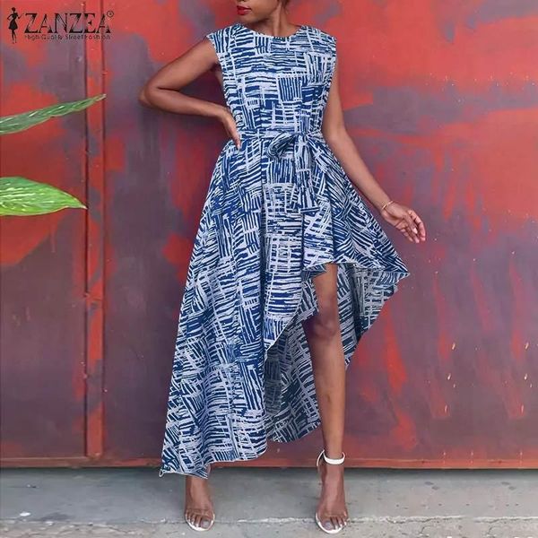 

casual dresses holiday belted tank womens printed irregular robe femme 2021 summer sleeveless vestidos zanzea fashion party long dress, Black;gray