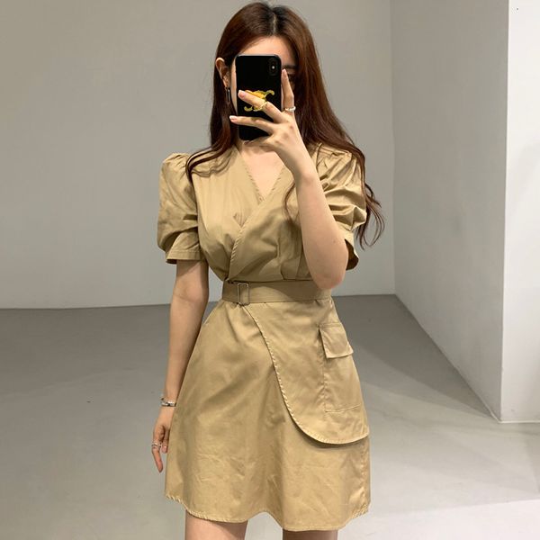 

casual dresses korean version of retro temperament v-neck cross irregular fake two-piece lace-up waist puff sleeve dress skirt o6k, Black;gray