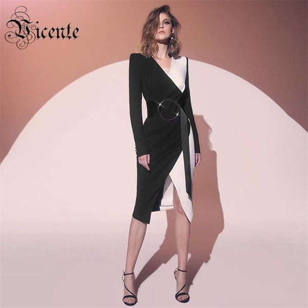 

trendy color block long sleeves sashes design v neck celebrity party club bandage dress 210520, Black;gray