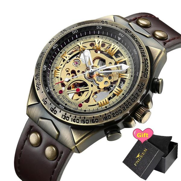 

retro automatic men watch bronze steel luxury waterproof mechanical wristwatch casual fashion gifts for male wristwatches, Slivery;brown