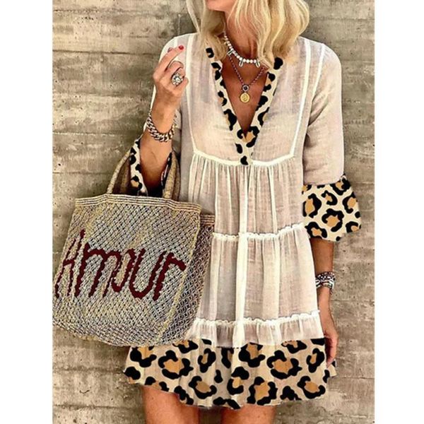

casual dresses plus size 3xl leopard patchwork dress boho hippie chic 3/4 sleeve v neck mini loose beach for wome 2021, Black;gray
