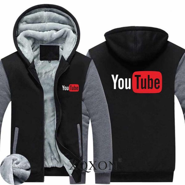 

men's hoodies & sweatshirts 2021 autumn winter youtube print wool liner fleece zipper man hooded pullover men coat clothes, Black