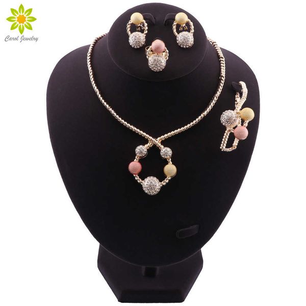 

nigeria charm women round design necklace bracelet earrings ring trend crystal jewelry party fashion jewelry set girl gift h1022, Silver