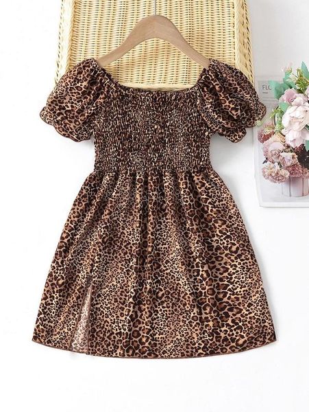 

toddler girls leopard print puff sleeve shirred split hem dress she, Red;yellow