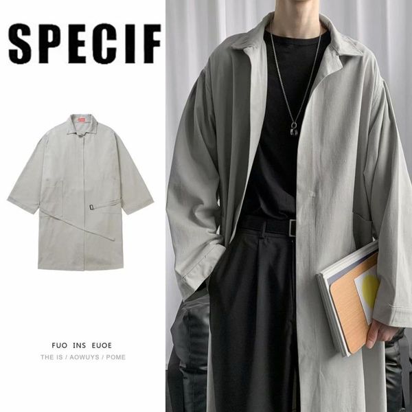 

men's trench coats autumn long coat fashion solid color casual cardigan men streetwear wild loose korean windbreaker jacket menwear, Tan;black