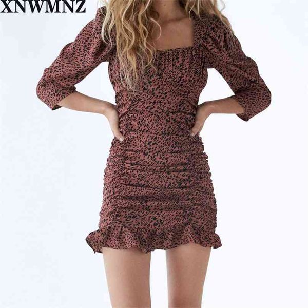 

women chic fashion leopard print pleated mini dress vintage half sleeve back zipper ruffled female dresses mujer 210520, Black;gray