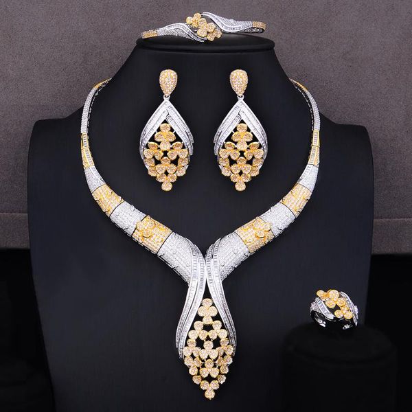 

earrings & necklace godki 3 colors gorgeous luxury 4pcs clear bangle ring dangle earring jewelry set for women bridal wedding sets, Silver