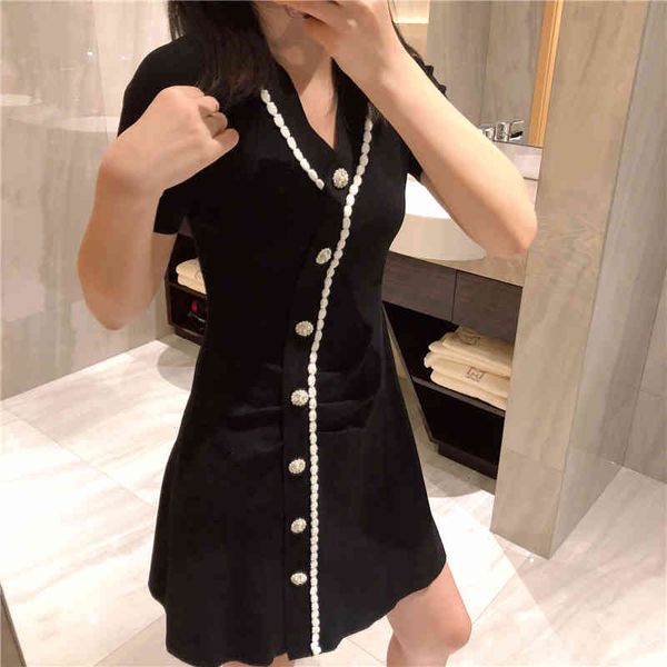 

dress chic knit summer neck short sleeve pearls buttons sweater vintage women red black robes, Black;gray