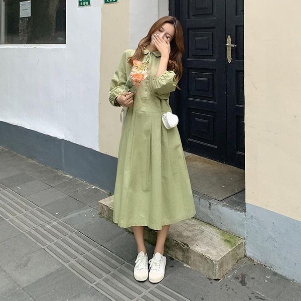 

maternity dresses green long sleeve turn-down collar bow lacing loose dress plus size pregnant women's cotton vintage a-line, White