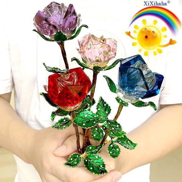 

colors crystal rose flower figurines glass paperweight craft wedding valentine's day gifts home table decor ornaments boxed decorative