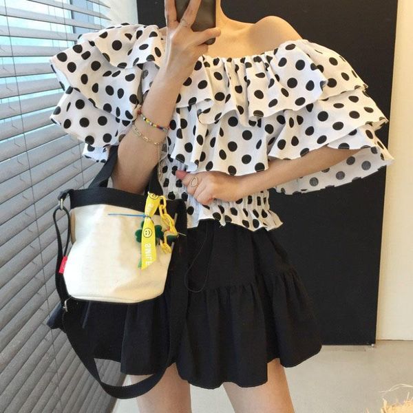 

women's blouses & shirts korean chic summer off-the-shoulder ruffled polka dot fashion date cute t-shirt for women, White