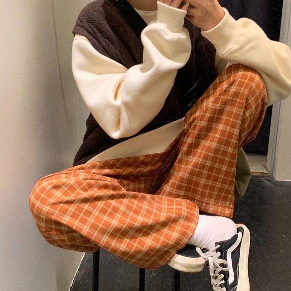 

women's pants & capris retro port style plaid korean fashion loose wide leg trousers women casual chic harajuku hip-hop streetwear, Black;white