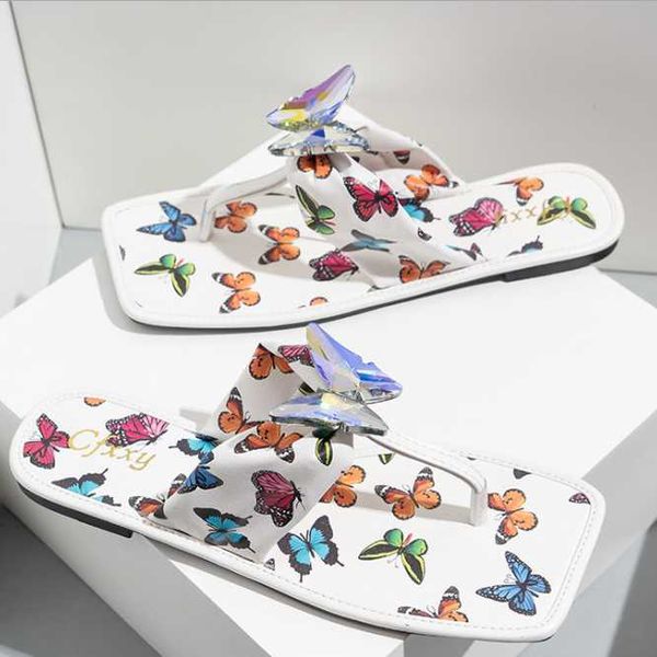 

summer women's slippers fashion open toe flat sandals butterfly print luruxy shoe plus size 42, Black