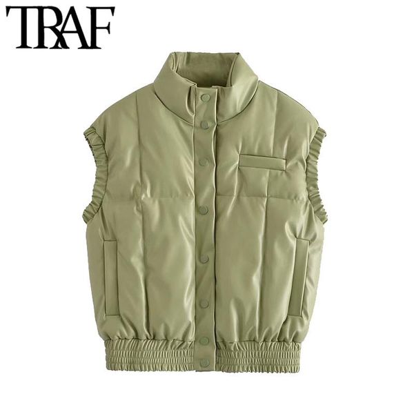 

women's vests traf women fashion faux leather snap-button thick waistcoat vintage high neck elastic hem female vest outerwear chic vest, Black;white