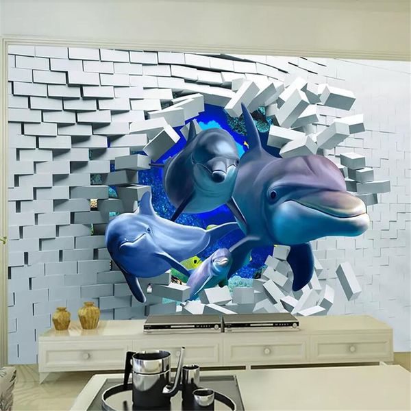 

3d brick wall broken wall deep-sea animal dolphin three-dimensional living room wall custom large mural wallpaper