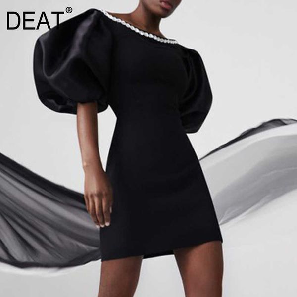 

[deat] summer fashion round neck high waist beading short sleeve solid color personality dress women 13c799 210527, Black;gray