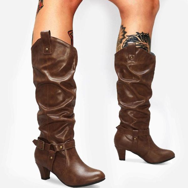 

boots brand 2021 large size 43 high heels vintage winter women shoes fashion western mid-calf female, Black