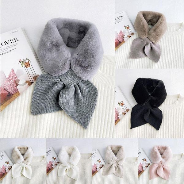 

scarves knitting wool scarf solid color peach heart cross faux fur collar neck warmer long skinny korean style plush, Blue;gray
