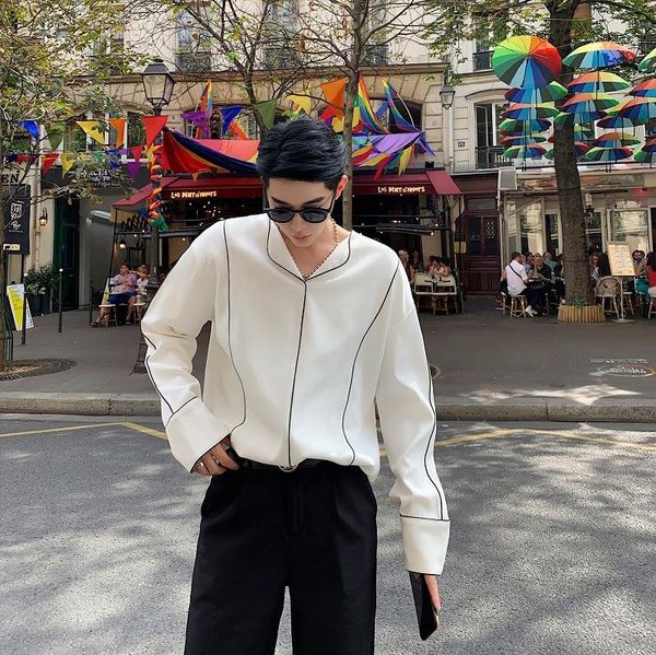 

men's casual shirts 2021 temperamental male loose profile shirt v-neck bag side bottom mens, White;black