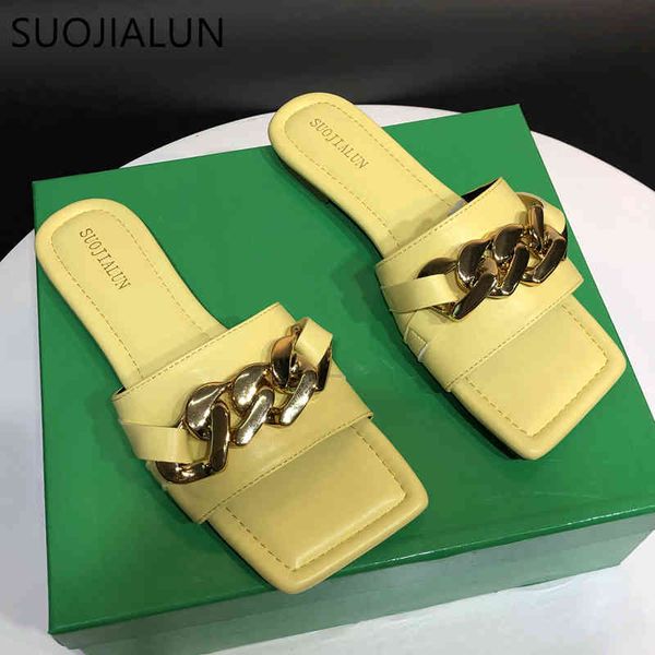 

suojialun 2021 new summer women slipper fashion gold chain slides square toe slip on sandal shoes ladies casual beach flip flops k78, Black
