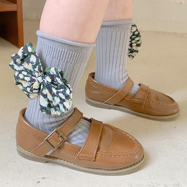 

socks big floral bow baby girl autumn winter kids stockings long sweet princess children knee for toddler 1-3y, Pink;yellow