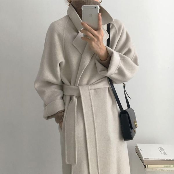 

women's wool & blends suit collar, solid color, loose tie, waist, mid-length, warm, 2021 fashion and temperament woolen ladies jacket p, Black