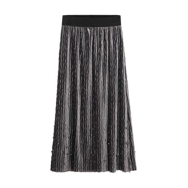 

skirts 2021 spring arrival korean velvet skirt beading vintage high waisted pleated 4 colors available, Black