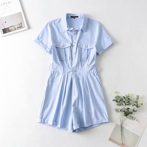 

blue short-sleeved lapel women overalls vintage solid color waist belt with pocket chic female jumpsuit 210507, Black;white
