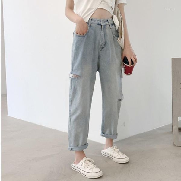 

spring summer high waist fashion denim pants vintage loose women straight boyfriend jeans casual ripped streetwear women's, Blue
