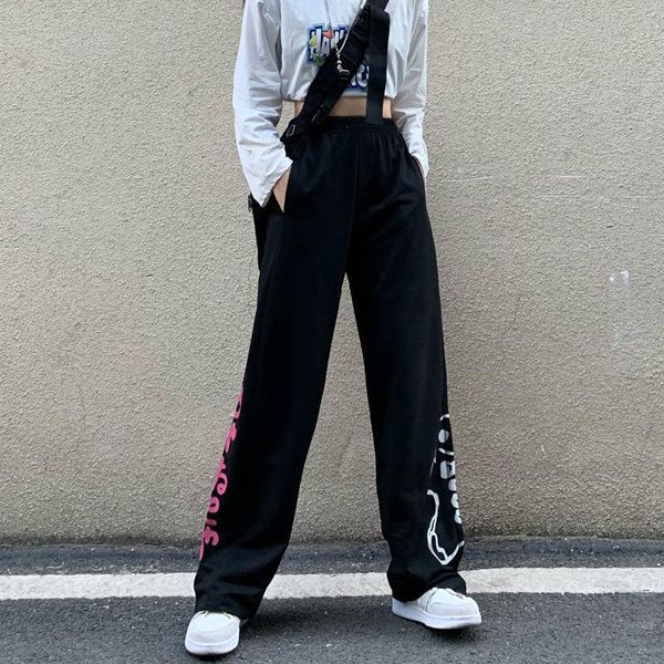 

women's pants & capris harajuku black hip hop summer korean vintage japanese loose wide-leg pant straight casual trouser, Black;white