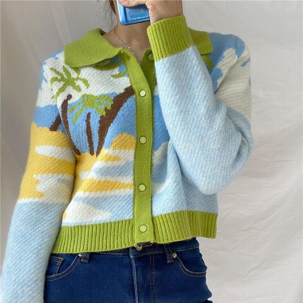

women's knits & tees retro women landscape painting coconut tree jacquard ol knitted cardigan loose single-breasted sweater coat knitwe, White