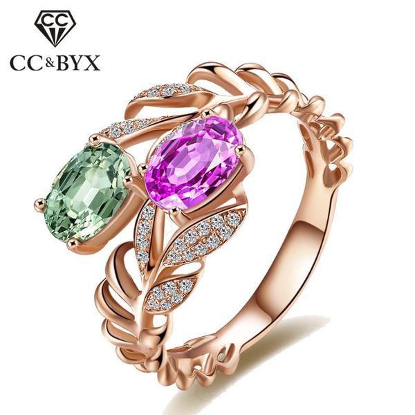 

wedding rings adjustable for women leaves shape temperament elegant ringen cubic zirconia green & pink color luxury jewelry 1359, Slivery;golden