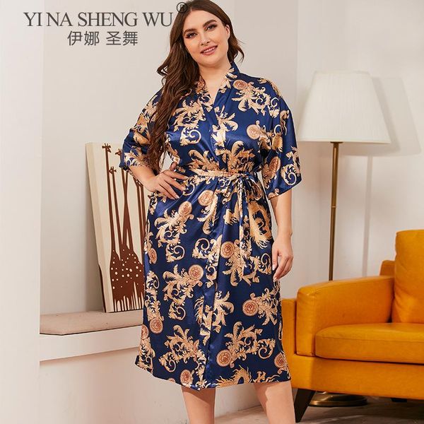 

pajamas women s nightgown female fat mm printed bathrobe morning robes kimono bride robe sleepwear oversize homewear ethnic clothing, Red