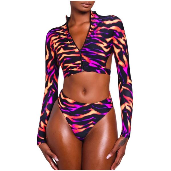 

women's swimwear bikini 2021 summer print long sleeve zip beachwear bathing suit women monokini padded bikini#4, White;black