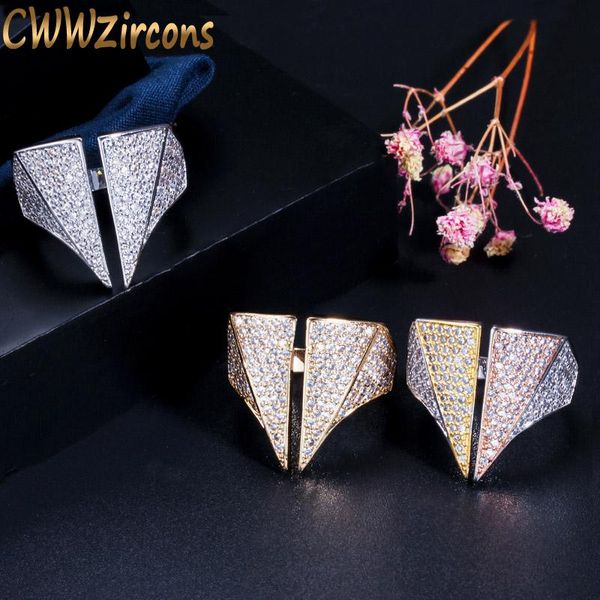

wedding rings cwwzircons adjustable size silver and rose gold color micro pave cubic zirconia big triangle punk rock for women r132, Slivery;golden