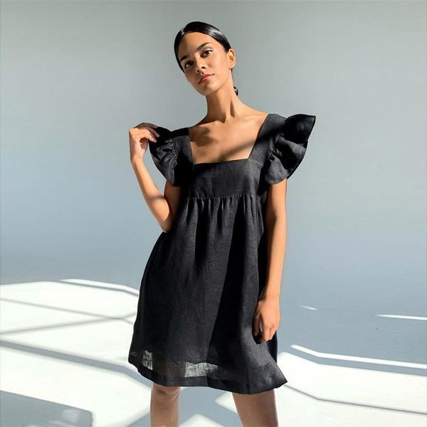 

casual square collar ruffles sleeve womens dresses mini sweet backless high waist loose pocket solid color party summer, Black;gray