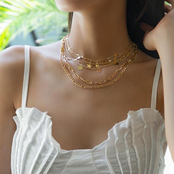 

chains punk mix and match hollow chain star tassel necklace european american style simple metal copper geometric 2021, Silver